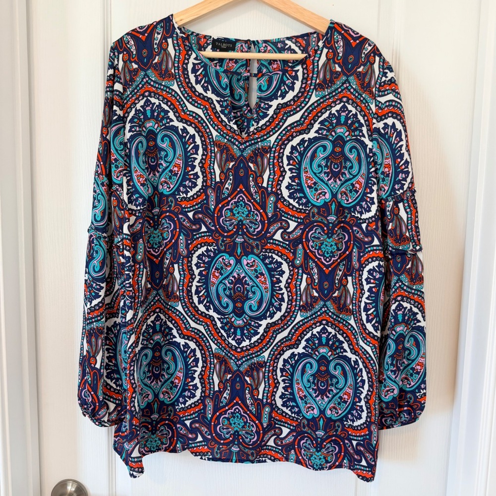 Talbots Woman Paisley Print Blouse Navy Orange Teal Bubble Sleeve 1XL
